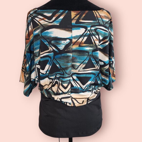 Y2K boat neck dolman sleeve abstract print boho top - Picture 2 of 4